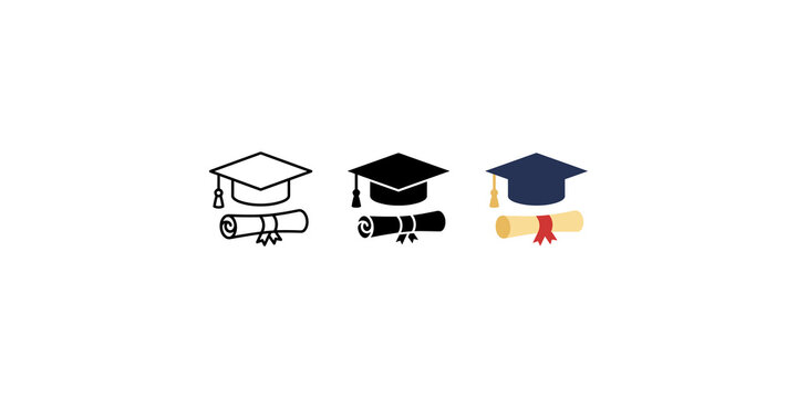 Collection of three academic graduation caps and rolled diplomas in outline black and flat color styles for school related projects.