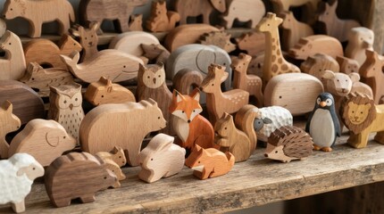 Fototapeta premium Collection of handmade wooden animal figurines on a rustic shelf