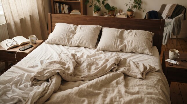 Cozy Bedroom Scene: A neatly made bed with crisp white linens and plush pillows awaits, with a bedside table holding a book and a cup of coffee, suggesting a relaxing morning or a peaceful evening.