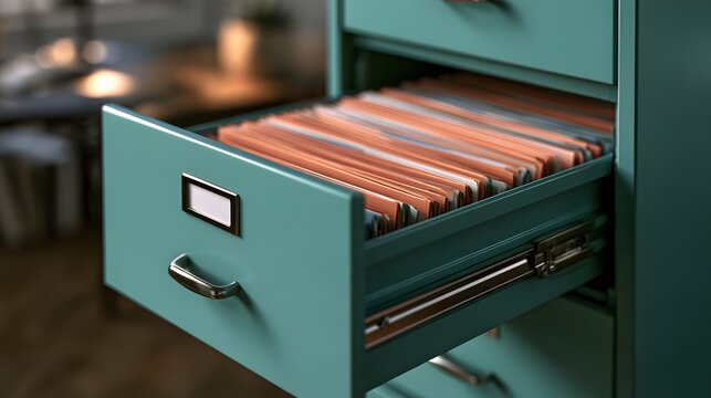 Teal filing cabinet with open drawer full of folders