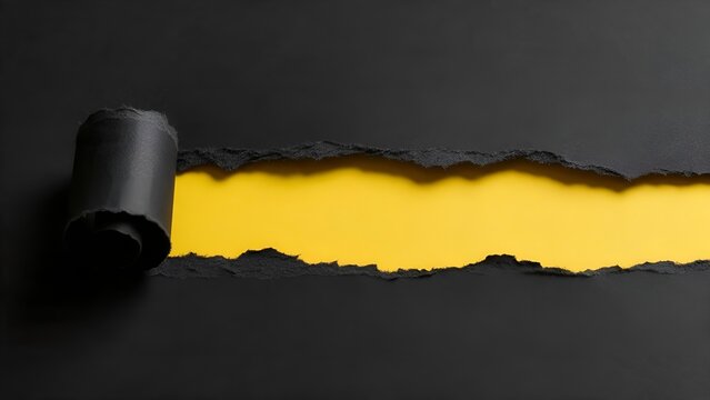 Striking black torn paper revealing bright yellow background underneath with rolled edge creating dynamic contrast and modern graphic design layout composition for advertising messages