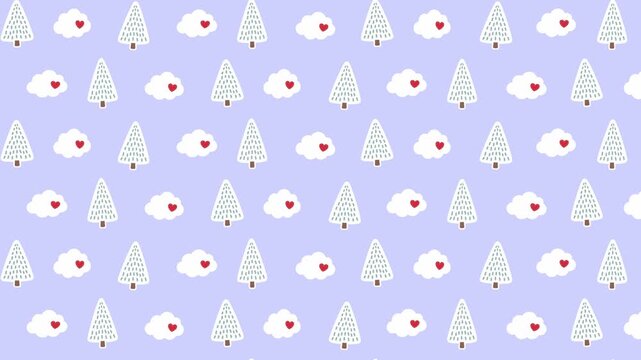 Seamless looping pattern of minimalist trees and red heart clouds