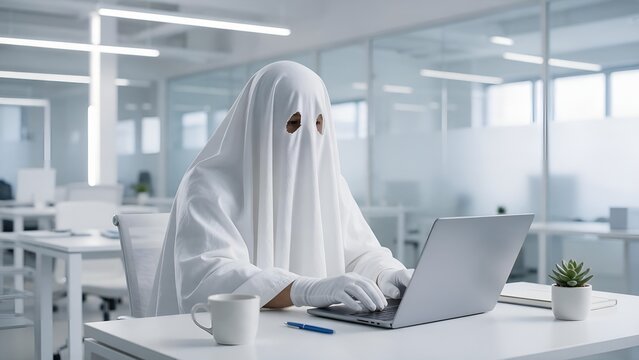 Funny person wearing white bedsheet ghost costume with eyeholes working diligently on a silver laptop computer sitting inside a modern minimalist corporate office desk