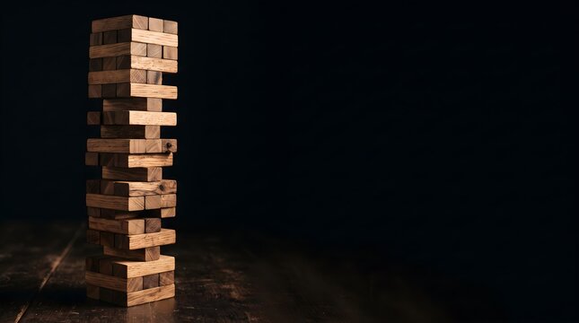Wooden block tower on dark background symbolizing stability.
