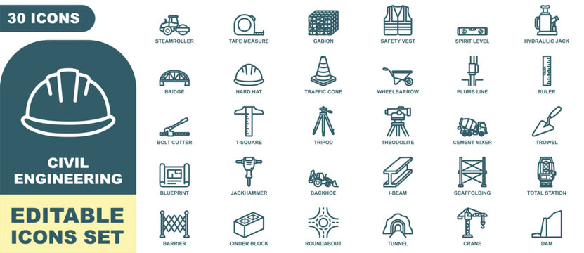 Civil engineering editable icons set featuring 30 outline symbols including hard hat, steamroller, bridge, tape measure, and tools