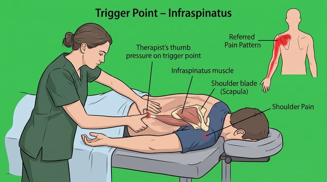Physical therapist treating infraspinatus muscle trigger point on