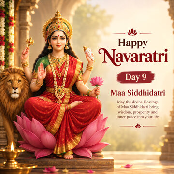 Divine goddess Maa Siddhidatri sitting on a pink lotus flower holding sacred symbols beside her loyal lion during Navratri festival