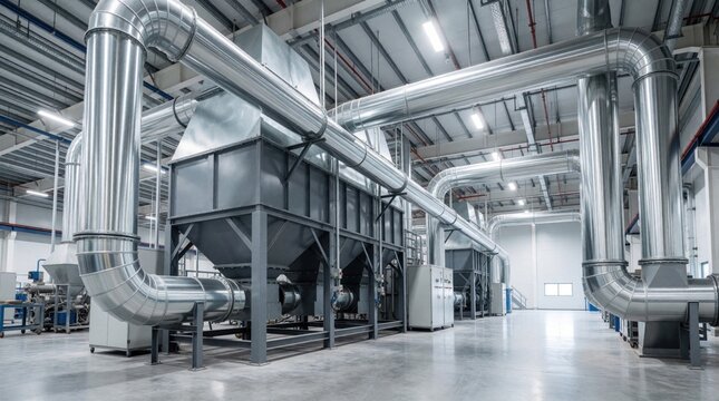 Large industrial dust collection system with metal pipes in modern factory. Big ventilation machinery filters air for workplace safety. Steel ducts, filtration unit improve air quality inside