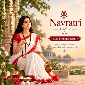 Hindu goddess avatar woman representing navratri day two holding prayer beads wearing traditional white saree with red border outdoors