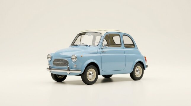 Light blue vintage microcar parked in a studio setting with white background