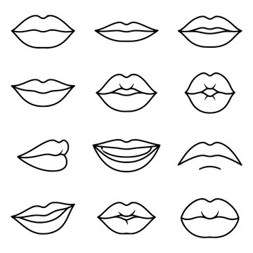 Set of twelve different lip shapes outlined on transparent background