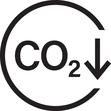 Black and white icon of co2 reduction with carbon dioxide chemical formula and downward arrow inside a circle also transparent background