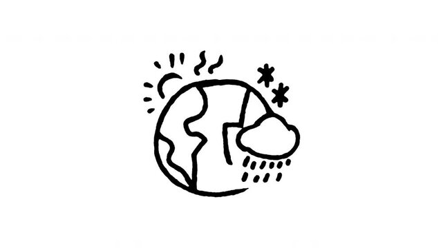 Animated doodle icon of planet earth surrounded by severe weather phenomena and climate change icons.