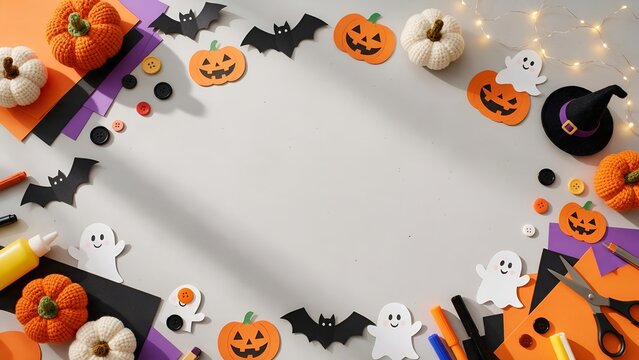 Creative Halloween crafts flat lay featuring handmade paper bats, smiling orange jack o lanterns, cute white ghosts, knitted pumpkins, scissors, markers, and buttons on white