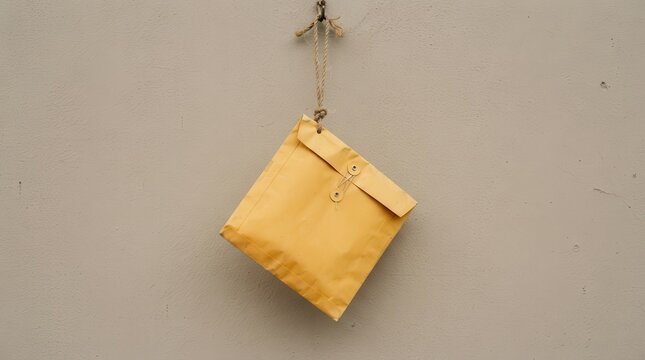 Square yellow envelope hanging from a string on a textured wall