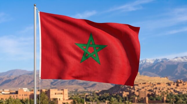 Close-up of the red Moroccan flag with a green pentagram waving in the wind against a blue sky with mountains in the background
