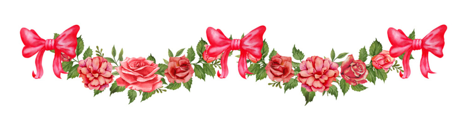 Elegant horizontal floral border with red bows, roses, small blossoms and green foliage on a transparent background. Watercolor frame for greeting card, interior decor