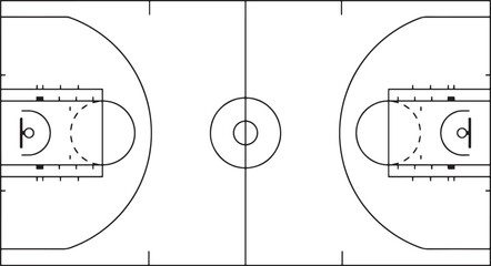 Obraz premium Black and white line of a standard basketball court layout showing hoops, key areas, center circle, and three-point lines from top-down perspective also transparent background