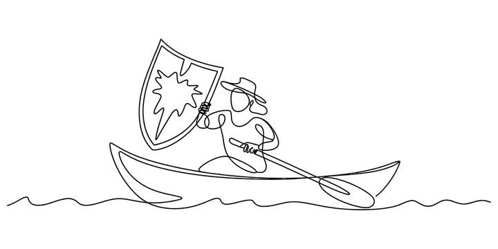 A simple line art drawing of a brave knight rowing a small boat with a shield while holding a paddle on white background isolated on transparent background, Vector