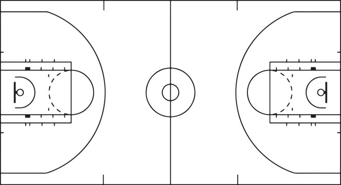 Black and white line of a standard basketball court layout showing hoops, key areas, center circle, and three-point lines from top-down perspective also transparent background