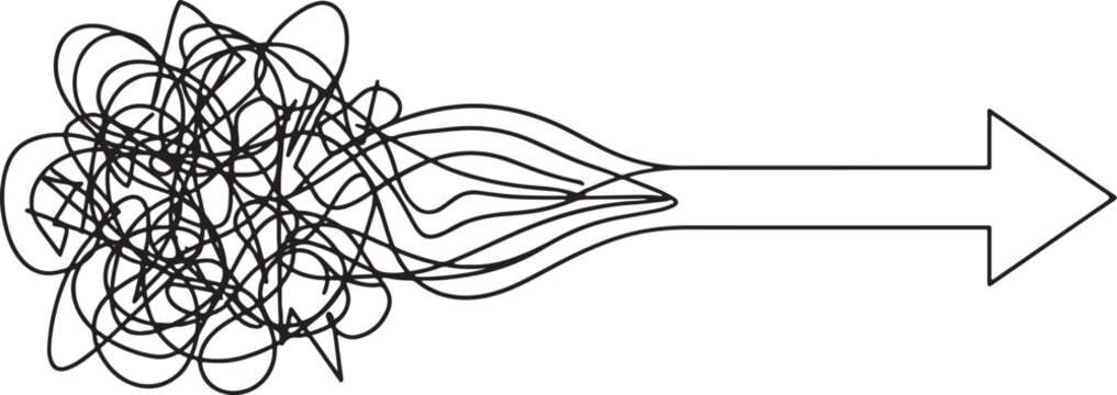 Hand-drawn black ink scribble unraveling into a straight directional arrow pointing right also transparent background