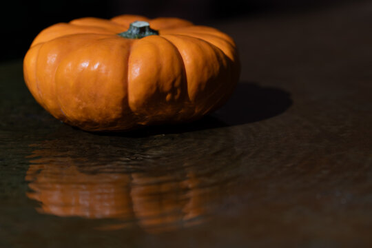 A close-up of an orange pumpkin reflected on the surface of the water. The background is brown.