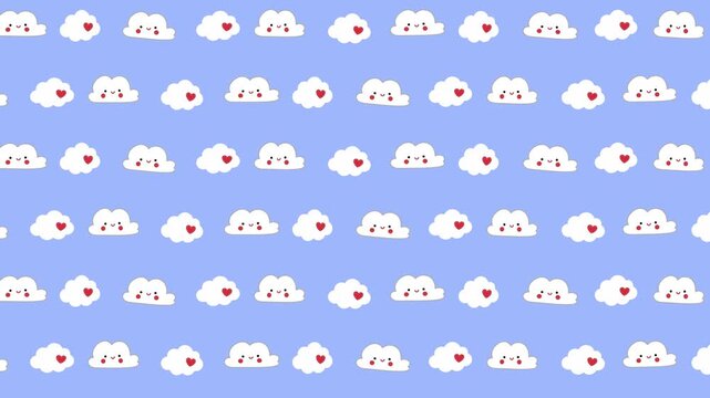 Cute cartoon cloud pattern with floating hearts on blue background