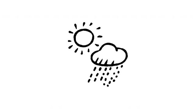 Animated doodle icon showing simultaneous sun shining and rain falling representing volatile weather.
