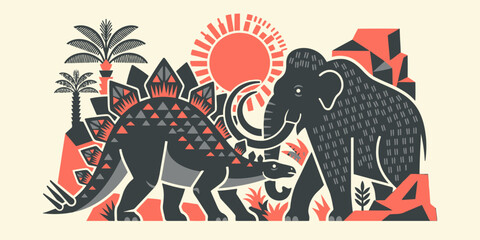 Professional geometric flat vector illustration of prehistoric dinosaur and woolly mammoth in stylized wild landscape © Rusa