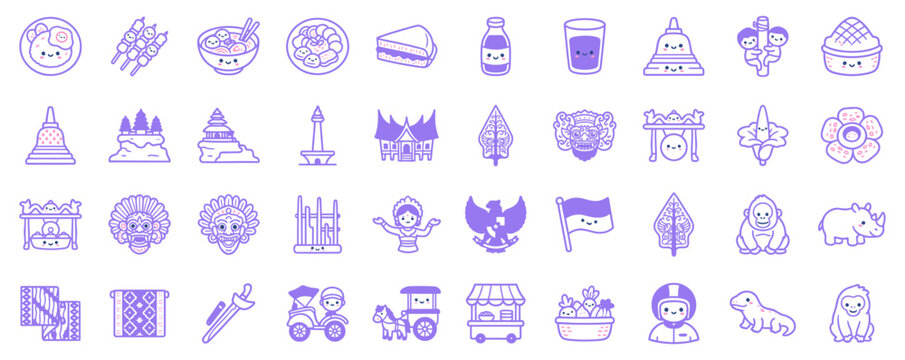 Cute Indonesian Culture Kawaii Icon Set with Landmarks Food and Traditional Symbols