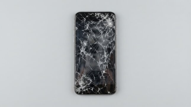 Smartphone with severely cracked and shattered screen glass display