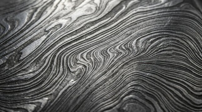 Close up of damascus steel surface with flowing metallic grain patterns