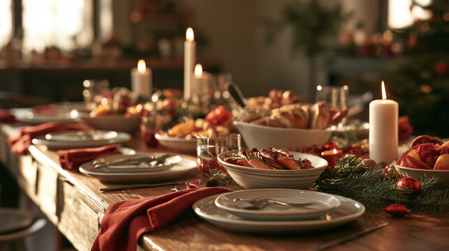 Christmas dining table decorated with candles, greenery and festive dishes, ready for a cozy holiday family celebration.