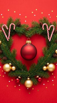 christmas heart-shaped wreath made of fir branches decorated with red and gold baubles and candy canes on red background