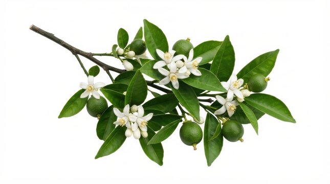 Branch of citrus tree with green leaves, white flowers and small unripe fruits