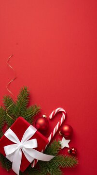 christmas gift box with white ribbon, candy cane, red baubles and pine branches on red background