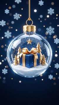 christmas ornament with gold gift box and miniature trees inside, holiday decoration with snowflakes on blue background
