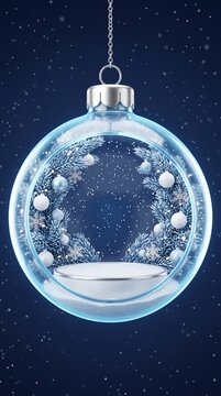 christmas glass bauble with silver pine wreath and white ornaments hanging with falling snow in night sky