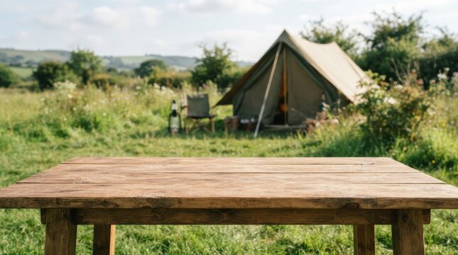 Wooden table with camping tent in meadow background