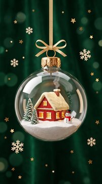 christmas glass ornament with miniature snowy house, snowman and tree against green background with snowflakes