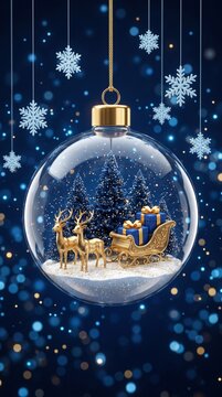 christmas ornament with golden reindeer and sleigh full of gifts in snowy winter forest scene