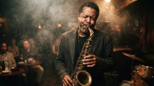 Middle-aged man playing saxophone in a smoky jazz club with an audience