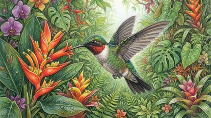 Fototapeta premium Hummingbird hovering near colorful tropical flowers in a lush rainforest