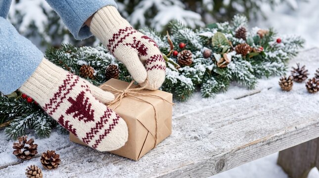 hands in knitted mittens wrapping a brown Christmas gift on snowy wooden bench with pine and pinecones winter holiday decoration