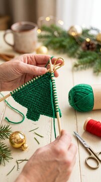 christmas knitting handmade green tree ornament being crafted with cozy holiday background