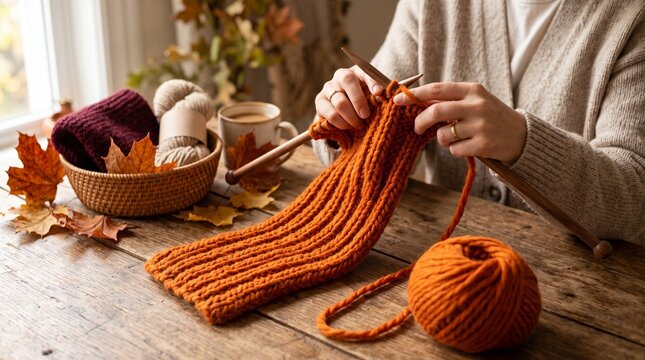 cozy autumn knitting scene with person creating an orange wool scarf indoors