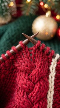 close up of red knitted fabric on wooden needles with blurred christmas decorations in background