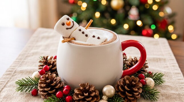christmas hot chocolate with marshmallow snowman in white mug surrounded by pine cones and holiday decorations