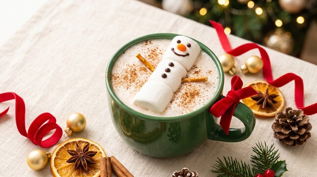 christmas hot chocolate with marshmallow snowman floating, festive holiday drink with cinnamon and dried orange decoration