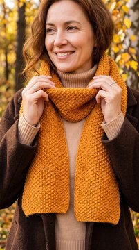 smiling woman adjusting orange knitted scarf outdoors in autumn forest with golden leaves